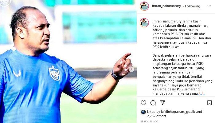 Imran Nahumarury Mengundurkan Diri Dari Pelatih PSIS, Manajemen Berikan Ucapan Ini
