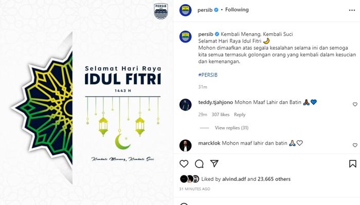 Ucapan Selamat Idul Fitri dari Klub-klub Liga 1, Persib:  Kembali Menang, Kembali Suci