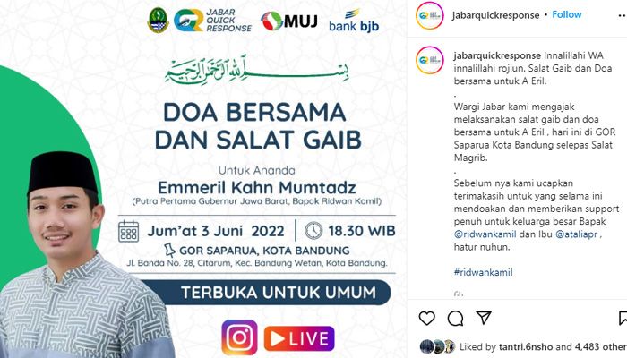 Doa Bersama dan Salat Gaib untuk Putra Sulung Ridwan Kamil Digelar Malam Ini di GOR Saparua