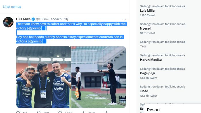 Persib Unbeaten! Luis Milla dan Teja Jadi Trending Topik