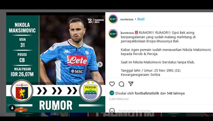 Persib Bandung Siap Gelontorkan Dana Rp26 M Demi Datangkan  Jebolan Napoli untuk Musim Depan?